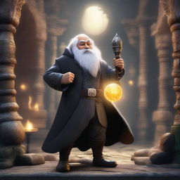 A dwarf cleric with blind eyes and grey hair, dressed in a sharp tuxedo