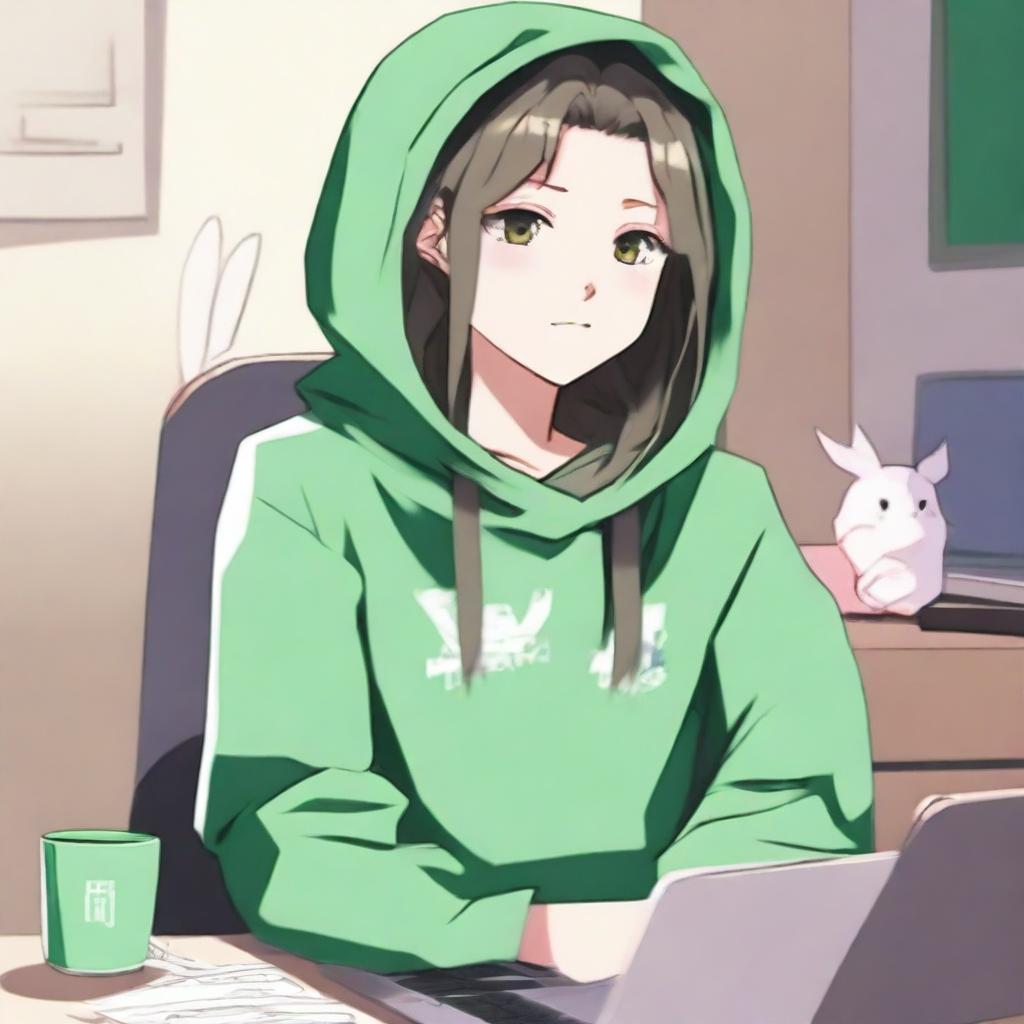 An anime boy with long hair, looking somewhat like a girl, is wearing a green hoodie with bunny ears inspired by the character Feng Min from the game 'Dead by Daylight'