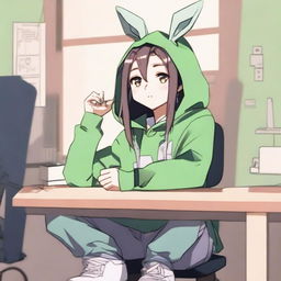 An anime boy with long hair, looking somewhat like a girl, is wearing a green hoodie with bunny ears inspired by the character Feng Min from the game 'Dead by Daylight'