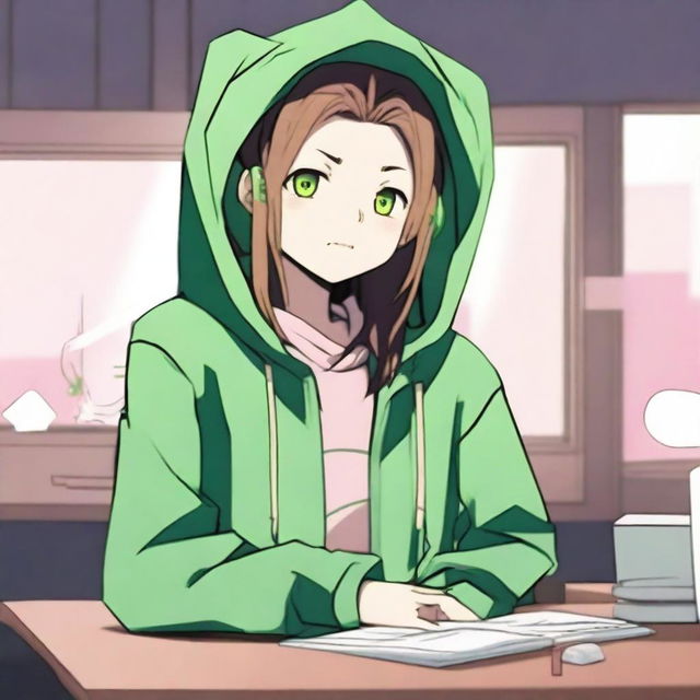 An anime boy with long hair, looking somewhat like a girl, is wearing a green hoodie with bunny ears inspired by the character Feng Min from the game 'Dead by Daylight'