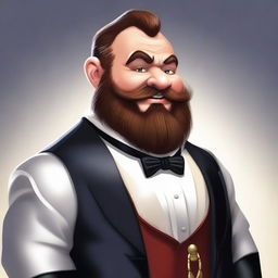 A dwarf character wearing a sharp, well-fitted tuxedo, standing confidently with a charming smile