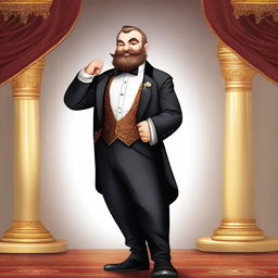 A dwarf character wearing a sharp, well-fitted tuxedo, standing confidently with a charming smile