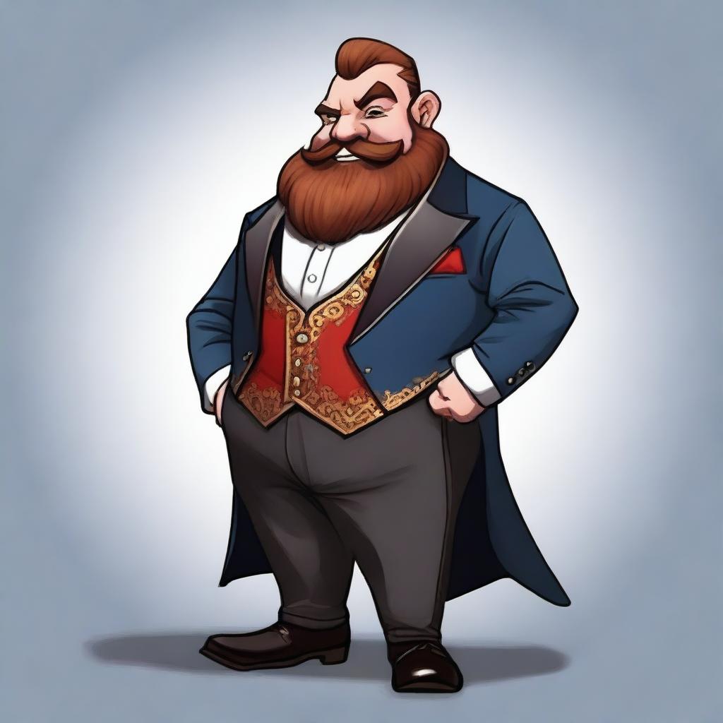 A dwarf character wearing a sharp, well-fitted tuxedo, standing confidently with a charming smile