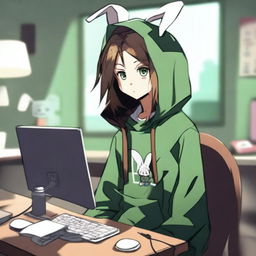 An anime boy with long hair, looking somewhat like a girl, is wearing a green hoodie with bunny ears inspired by the character Feng Min from the game 'Dead by Daylight'