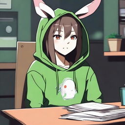 An anime boy with long hair, looking somewhat like a girl, is wearing a green hoodie with bunny ears inspired by the character Feng Min from the game 'Dead by Daylight'