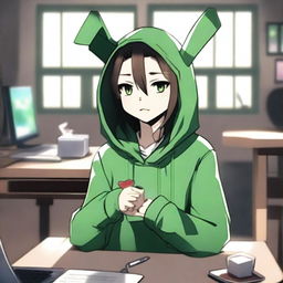 An anime boy with long hair, looking somewhat like a girl, is wearing a green hoodie with bunny ears inspired by the character Feng Min from the game 'Dead by Daylight'