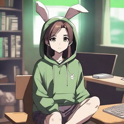 An anime boy with long hair, looking somewhat like a girl, is wearing a green hoodie with bunny ears inspired by the character Feng Min from the game 'Dead by Daylight'