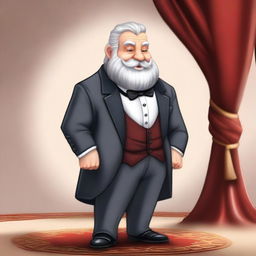 A dwarf character wearing a sharp, well-fitted tuxedo, standing confidently with a charming smile