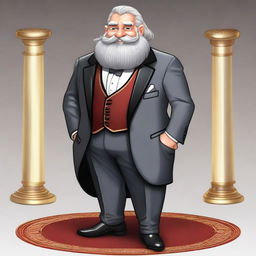 A dwarf character wearing a sharp, well-fitted tuxedo, standing confidently with a charming smile