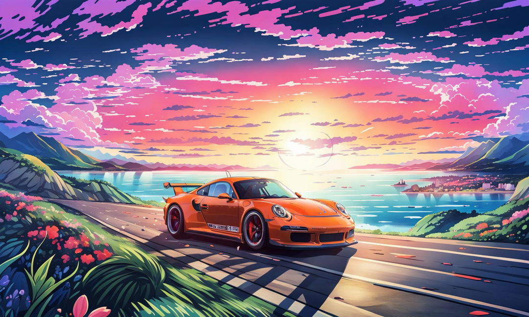 Anime-style Porsche 911 GT3 RS speeding through seaside hills at sunset.