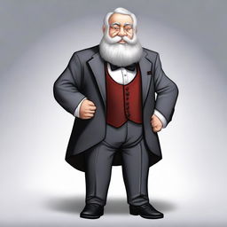 A dwarf character wearing a sharp, well-fitted tuxedo, standing confidently with a charming smile