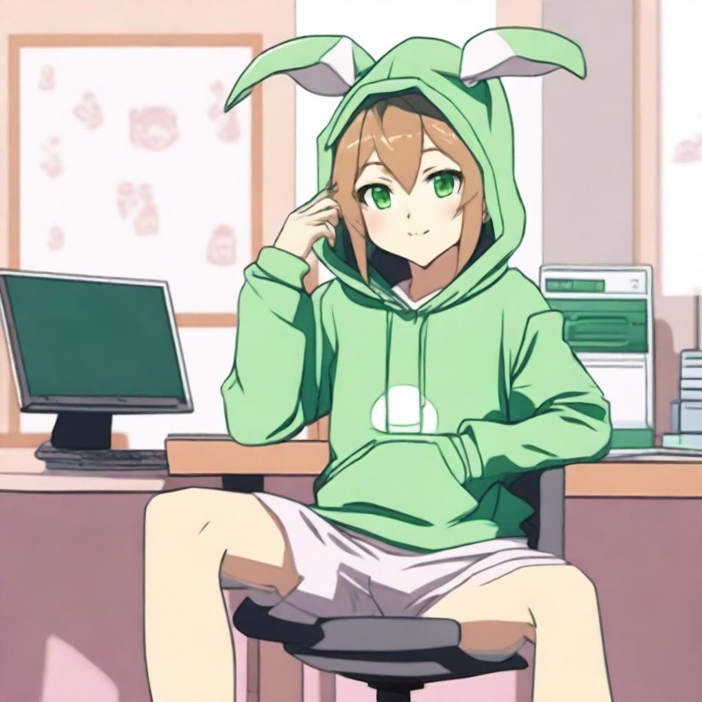 An anime boy with long hair, looking somewhat like a girl, is wearing a green rabbit hoodie with falling ears