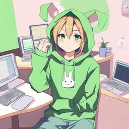 An anime boy with long hair, looking somewhat like a girl, is wearing a green rabbit hoodie with falling ears