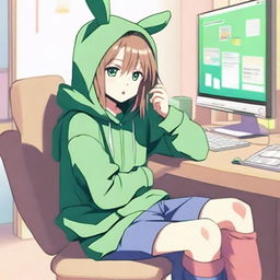 An anime boy with long hair, looking somewhat like a girl, is wearing a green rabbit hoodie with falling ears