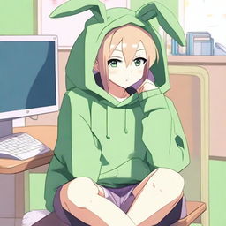 An anime boy with long hair, looking somewhat like a girl, is wearing a green rabbit hoodie with falling ears