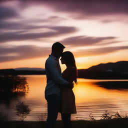 A couple embracing at dusk, with a beautiful sunset in the background