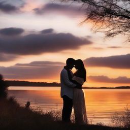 A couple embracing at dusk, with a beautiful sunset in the background