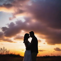 A couple embracing at dusk, with a beautiful sunset in the background