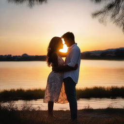 A couple embracing at dusk, with a beautiful sunset in the background