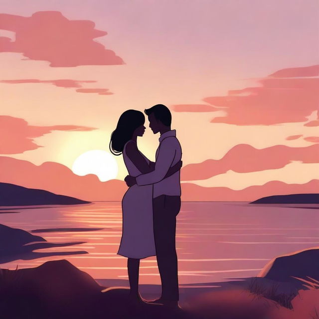 An animated scene of a couple embracing at dusk, with a beautiful sunset in the background