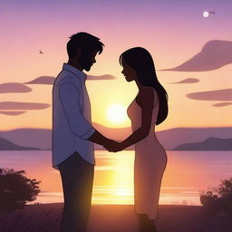 An animated scene of a couple embracing at dusk, with a beautiful sunset in the background