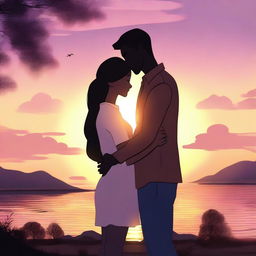 An animated scene of a couple embracing at dusk, with a beautiful sunset in the background