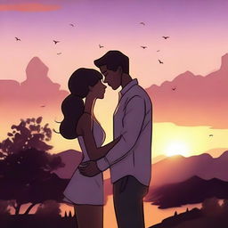 An animated scene of a couple embracing at dusk, with a beautiful sunset in the background