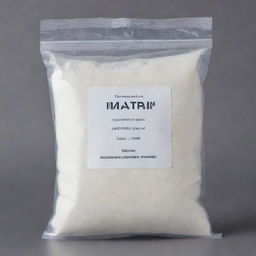 A transparent bag full of white powder, set against a white background with a label that reads, 'Maltodextrin'