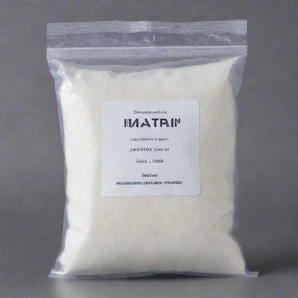 A transparent bag full of white powder, set against a white background with a label that reads, 'Maltodextrin'
