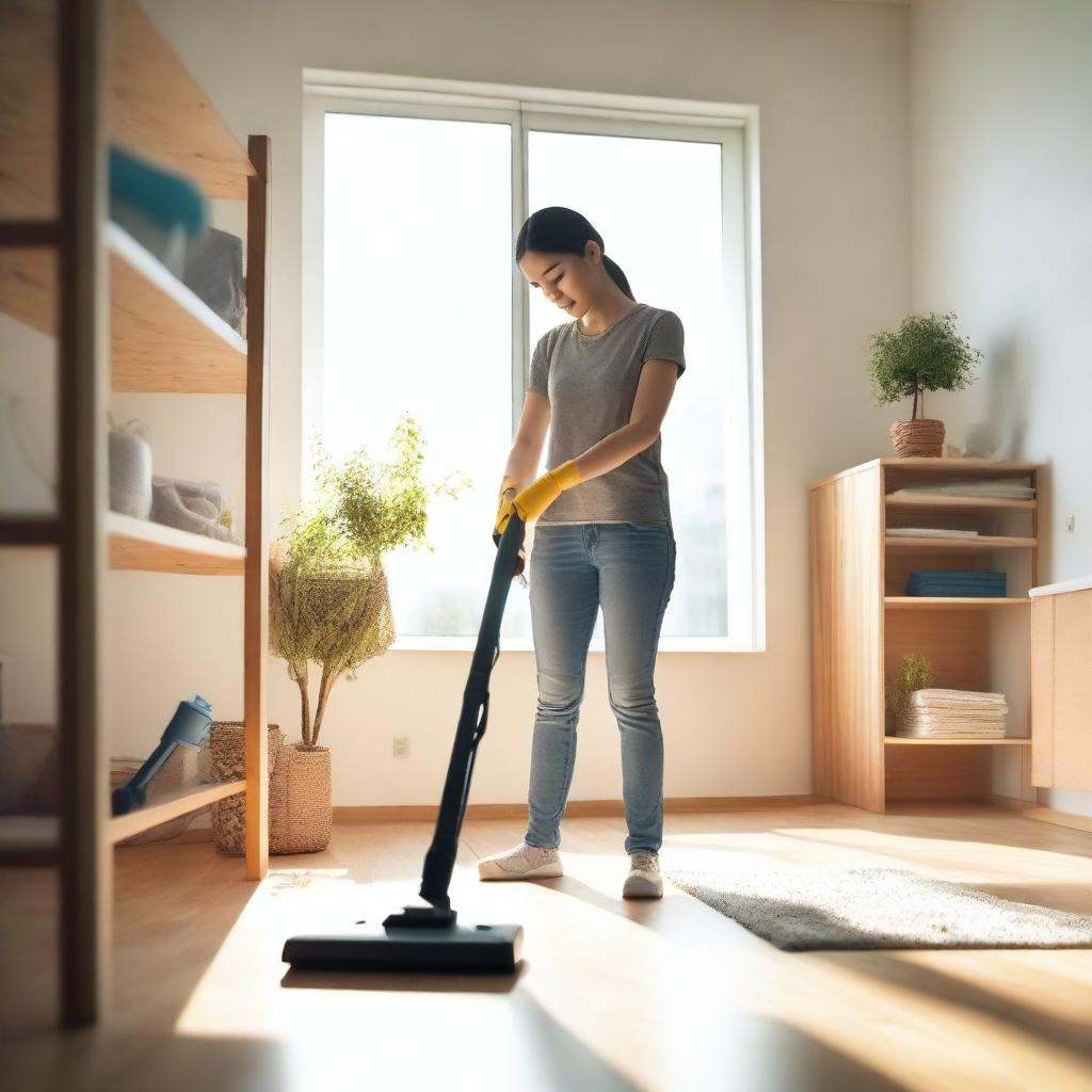 A person cleaning a room with a vacuum cleaner, dusting shelves, and organizing items