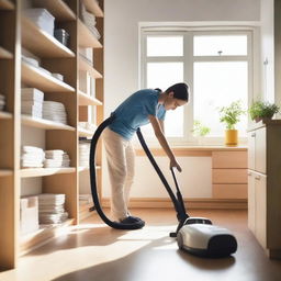 A person cleaning a room with a vacuum cleaner, dusting shelves, and organizing items