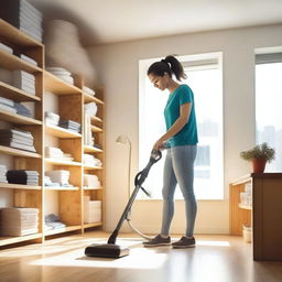 A person cleaning a room with a vacuum cleaner, dusting shelves, and organizing items