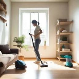 A person cleaning a room with a vacuum cleaner, dusting shelves, and organizing items