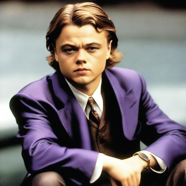 Um garoto de 18 anos, cabelo loiro no estilo Leonardo DiCaprio em Titanic, veste uma jaqueta roxa do time de futebol americano Minnesota Vikings