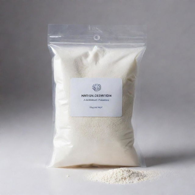 A transparent bag full of white powder, set against a white background with a label that reads, 'Maltodextrin'