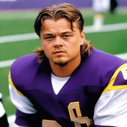 Um garoto de 18 anos, cabelo loiro no estilo Leonardo DiCaprio em Titanic, veste uma jaqueta roxa do time de futebol americano Minnesota Vikings