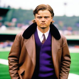 Um garoto de 18 anos, cabelo loiro no estilo Leonardo DiCaprio em Titanic, veste uma jaqueta roxa do time de futebol americano Minnesota Vikings