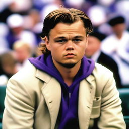 Um garoto de 18 anos, cabelo loiro no estilo Leonardo DiCaprio em Titanic, veste uma jaqueta roxa do time de futebol americano Minnesota Vikings