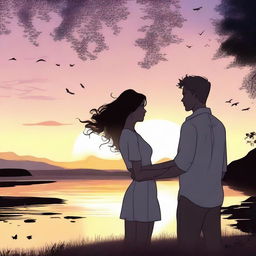 Create an animated scene of a couple at dusk