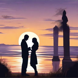 Create an animated scene of a couple at dusk