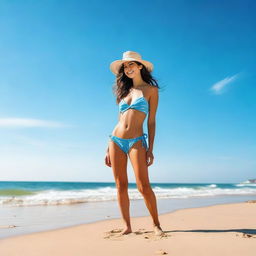 A person wearing a bikini on a sunny beach, with clear blue skies and gentle waves in the background