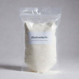 A transparent bag full of white powder, set against a white background with a label that reads, 'Maltodextrin'