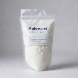 A transparent bag full of white powder, set against a white background with a label that reads, 'Maltodextrin'