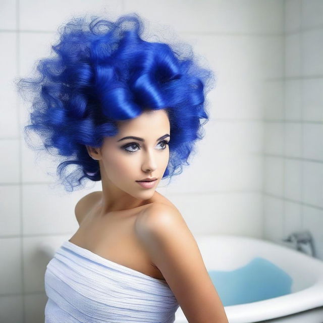 Una chica con pelo azul y un poco de blanco, vistiendo un traje de baño