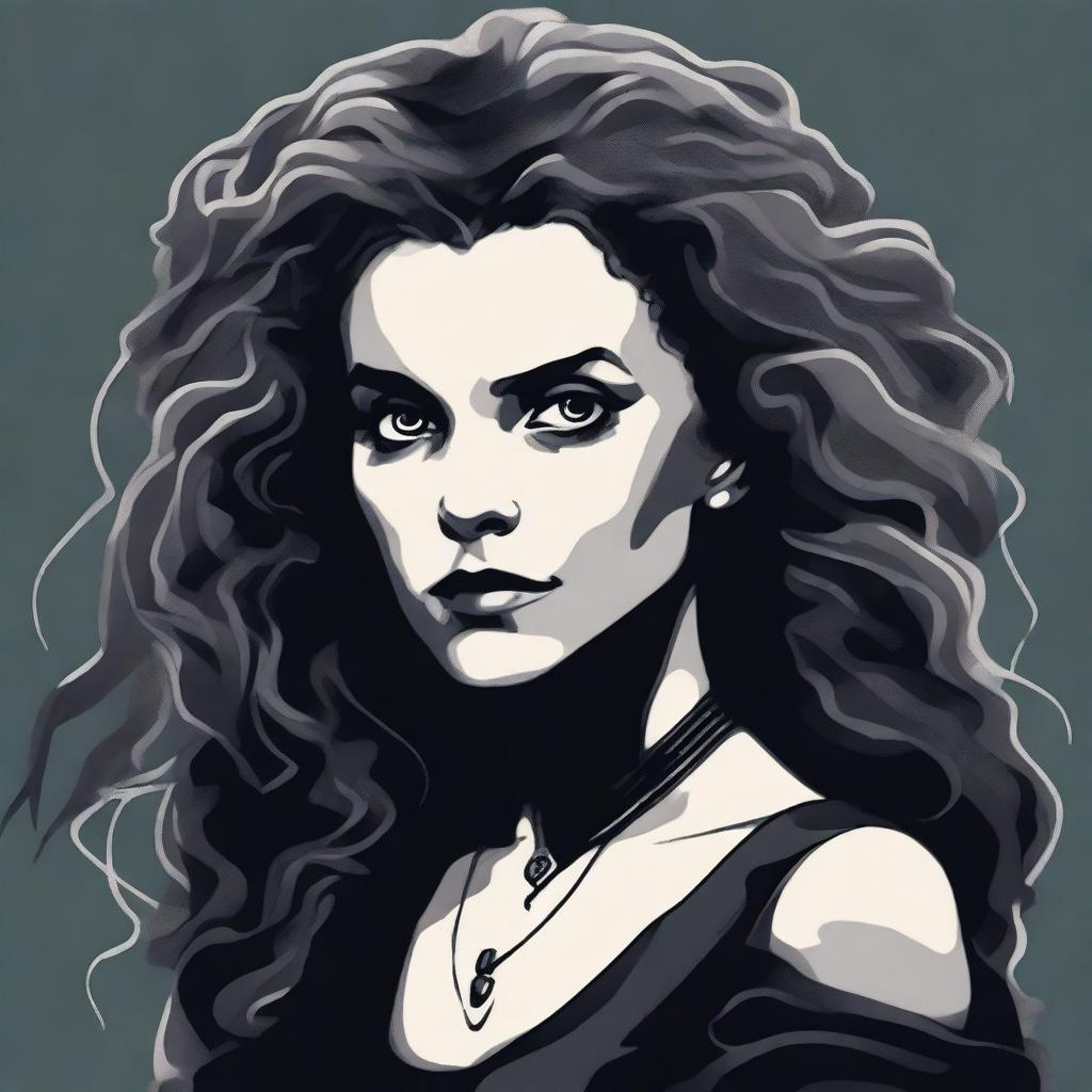 A detailed illustration of Bellatrix Lestrange from the Harry Potter series, showcasing her dark and menacing aura