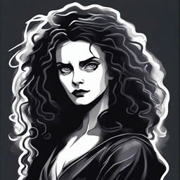 A detailed illustration of Bellatrix Lestrange from the Harry Potter series, showcasing her dark and menacing aura