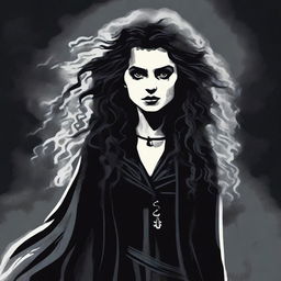 A detailed illustration of Bellatrix Lestrange from the Harry Potter series, showcasing her dark and menacing aura