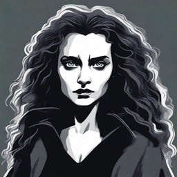 A detailed illustration of Bellatrix Lestrange from the Harry Potter series, showcasing her dark and menacing aura