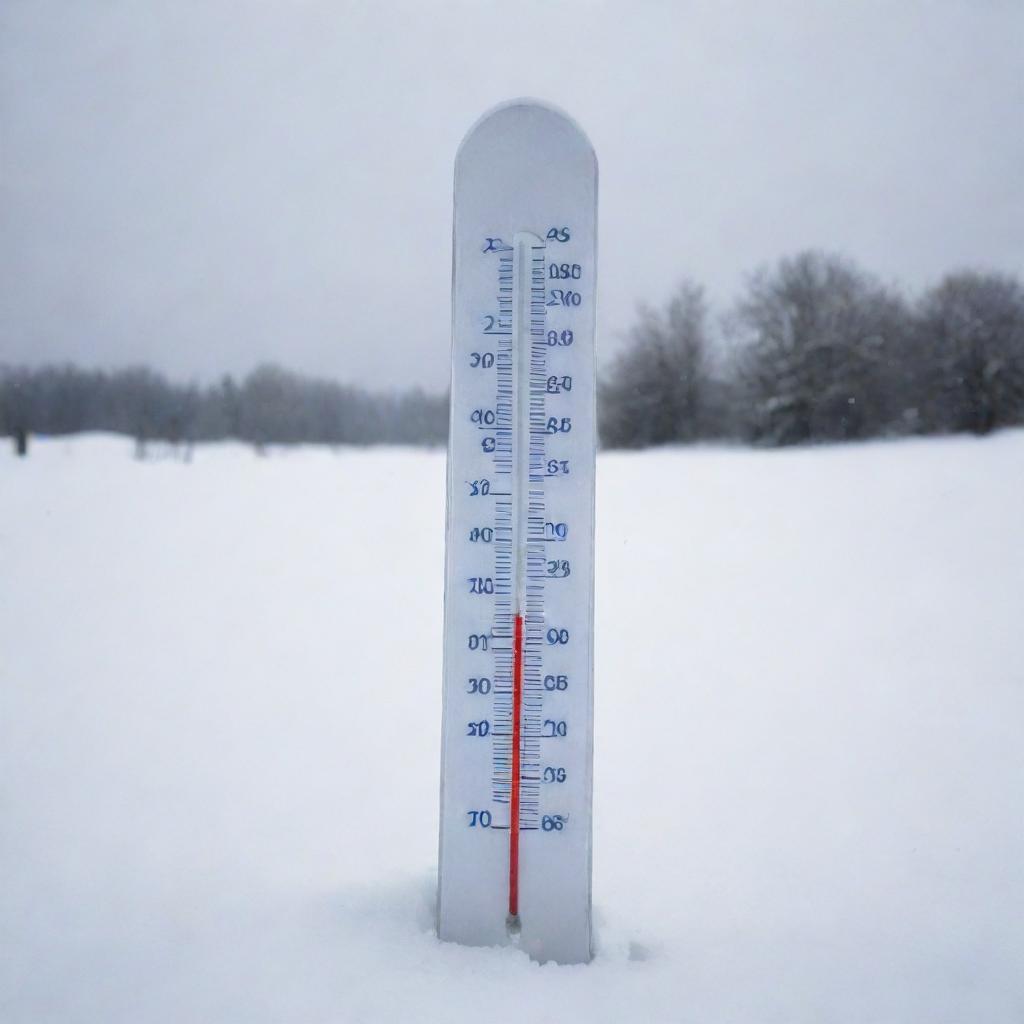 A thermometer showing a very cold temperature of minus 9 degrees Celsius or Fahrenheit, placed in a snowy landscape.