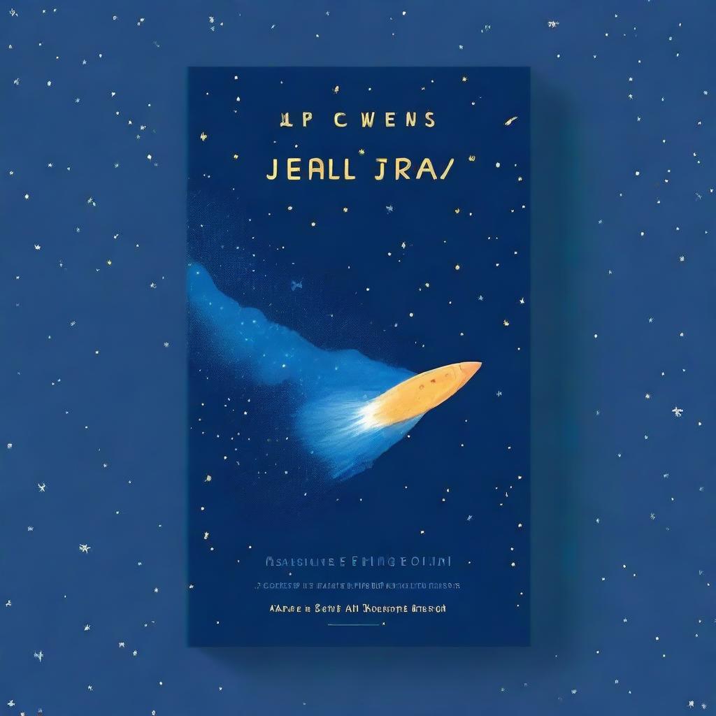 Create a book cover with a blue theme, featuring a comet striding through the stars as the main image